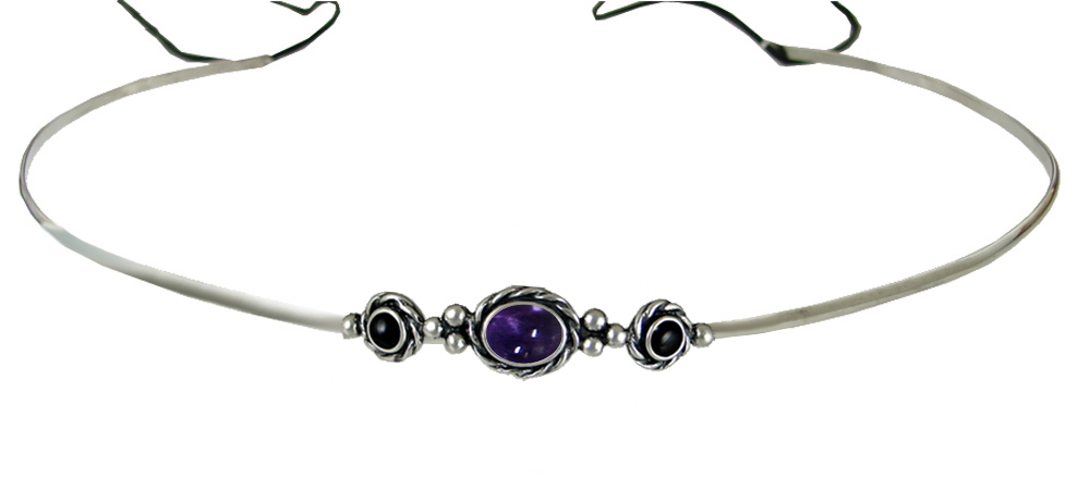 Sterling Silver Renaissance Style Exquisite Headpiece Circlet Tiara With Iolite And Black Onyx